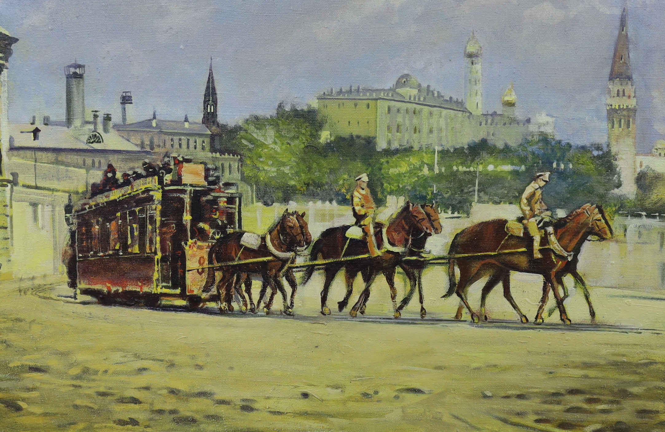 Vorokov, oil on canvas, Horse drawn tram in a Russian city, inscribed verso, 46 x 71cm